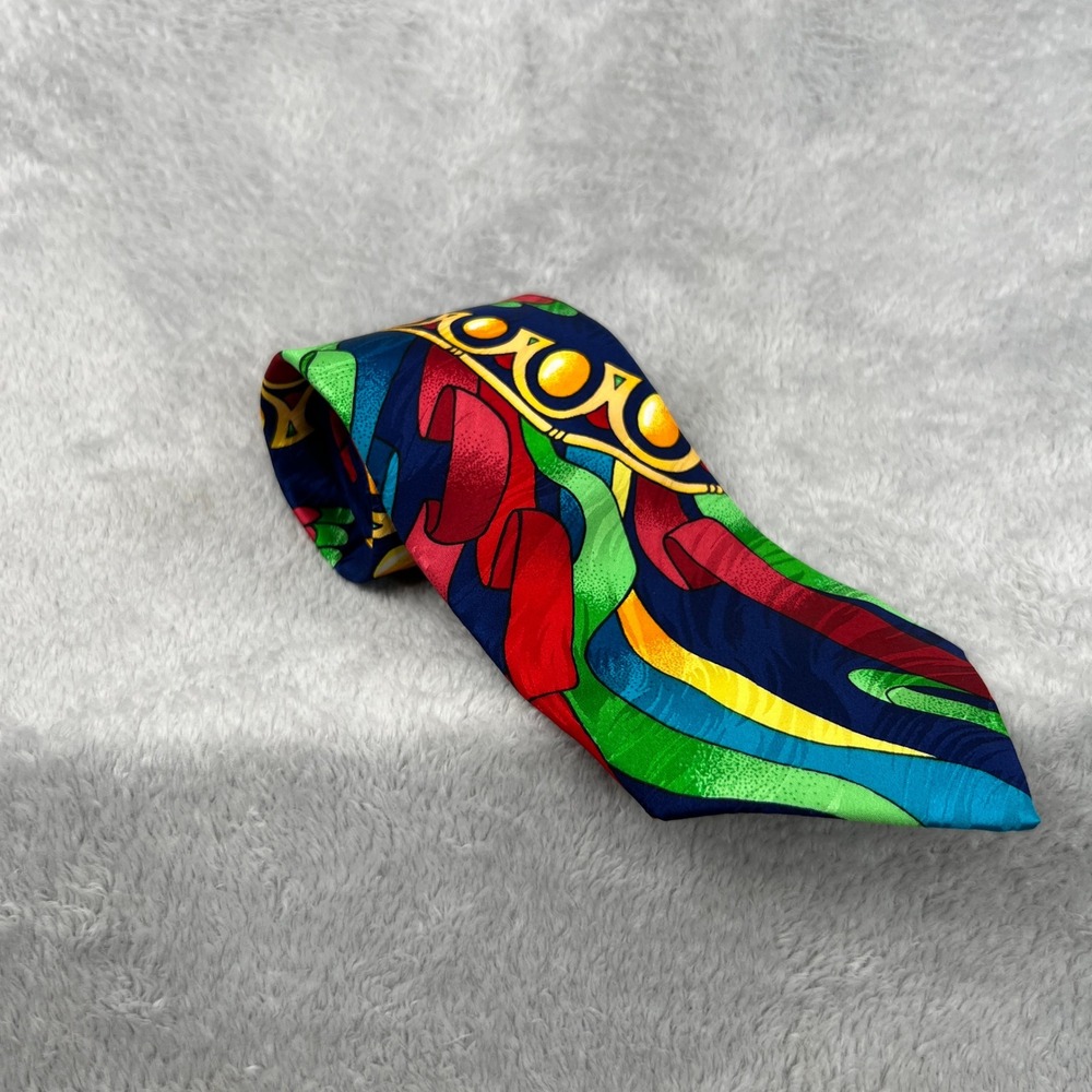 Vintage No Boundaries Abstract Silk Necktie Multicolor Retro 90s Maximalist Mens